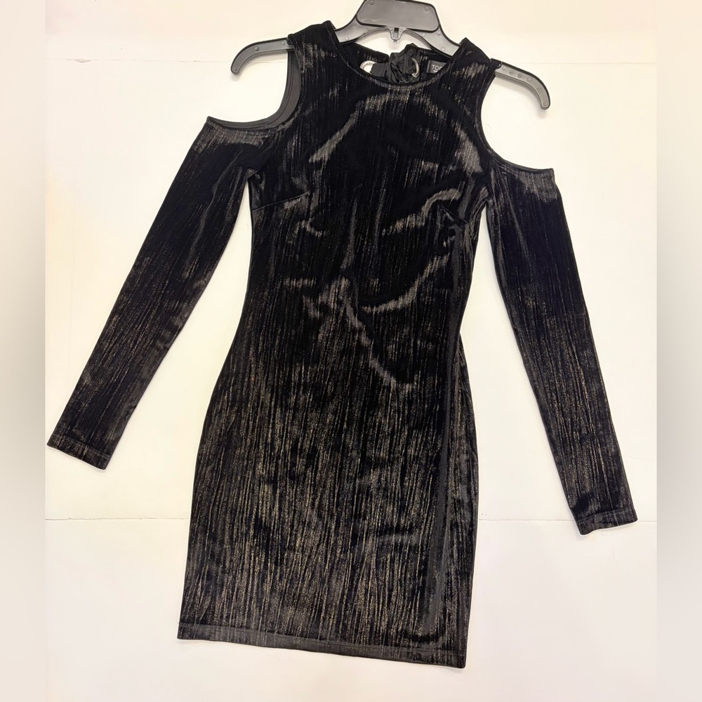 Topshop Black Gold Metallic Velvet Cold Shoulder Open Back Mini Dress Size 2